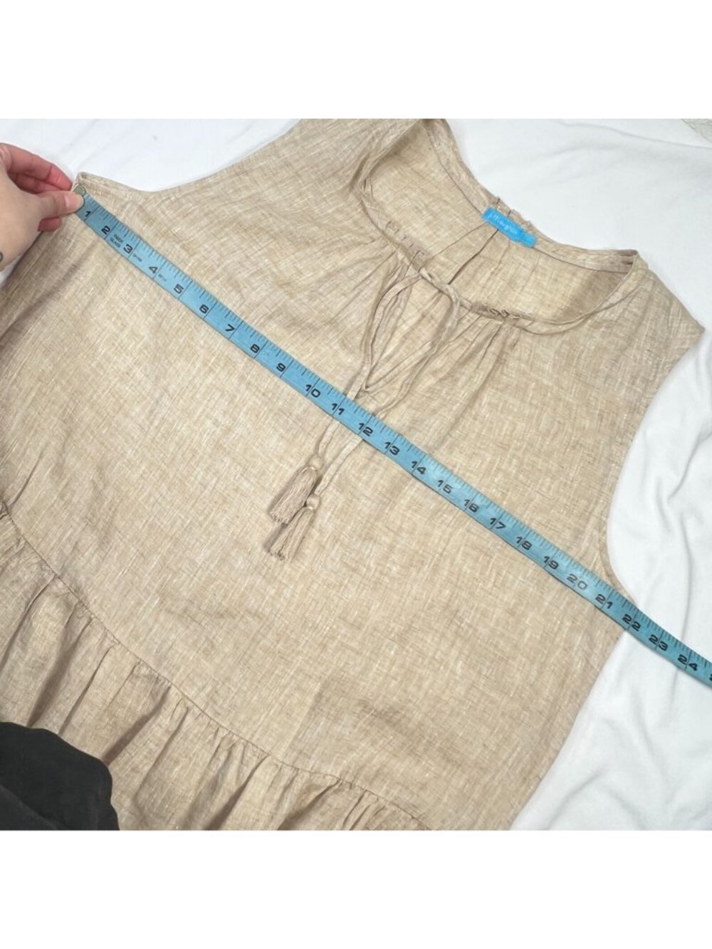 J. McLaughlin Christa Linen Dress Tassel Tiered Shift Neutral Tan Sleeveless LG - Picture 4 of 9